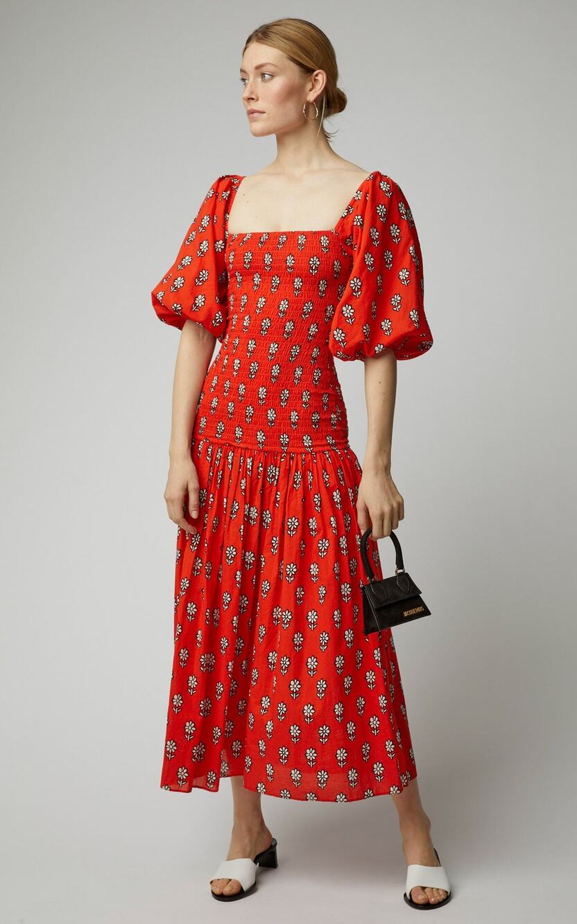 Rhode Resort Red Harper Daisy Smocked Off Shoulder Puff Maxi Dress Size Small